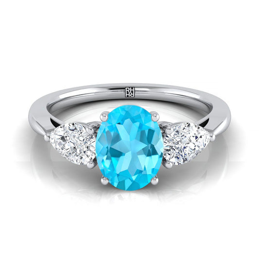 14K White Gold Oval Swiss Blue Topaz Perfectly Matched Pear Shaped Three Diamond Engagement Ring -7/8ctw