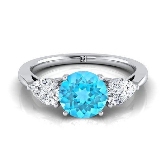 18K White Gold Round Brilliant Swiss Blue Topaz Perfectly Matched Pear Shaped Three Diamond Engagement Ring -7/8ctw