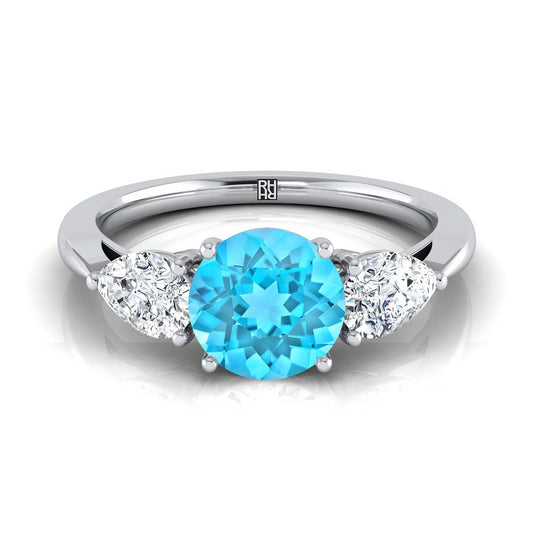 Platinum Round Brilliant Swiss Blue Topaz Perfectly Matched Pear Shaped Three Diamond Engagement Ring -7/8ctw