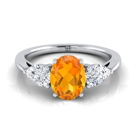 18K White Gold Oval Citrine Perfectly Matched Pear Shaped Three Diamond Engagement Ring -7/8ctw