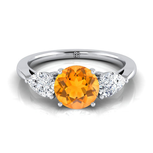 14K White Gold Round Brilliant Citrine Perfectly Matched Pear Shaped Three Diamond Engagement Ring -7/8ctw