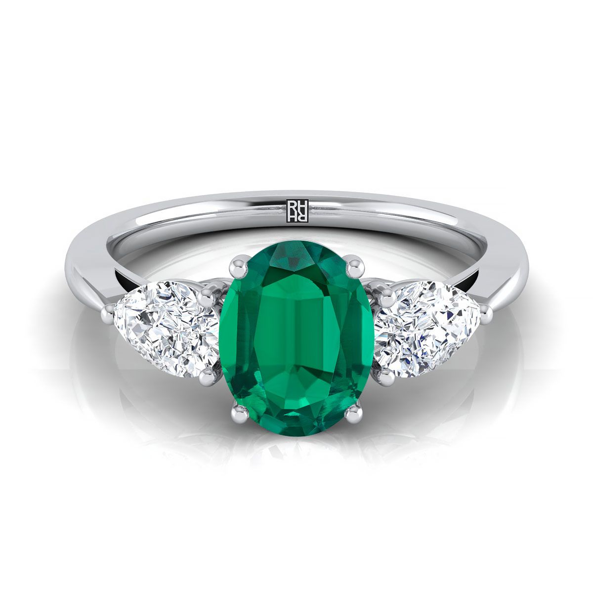 14K White Gold Oval Emerald Perfectly Matched Pear Shaped Three Diamond Engagement Ring -7/8ctw