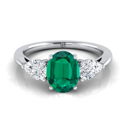 14K White Gold Oval Emerald Perfectly Matched Pear Shaped Three Diamond Engagement Ring -7/8ctw