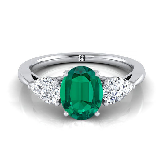 18K White Gold Oval Emerald Perfectly Matched Pear Shaped Three Diamond Engagement Ring -7/8ctw