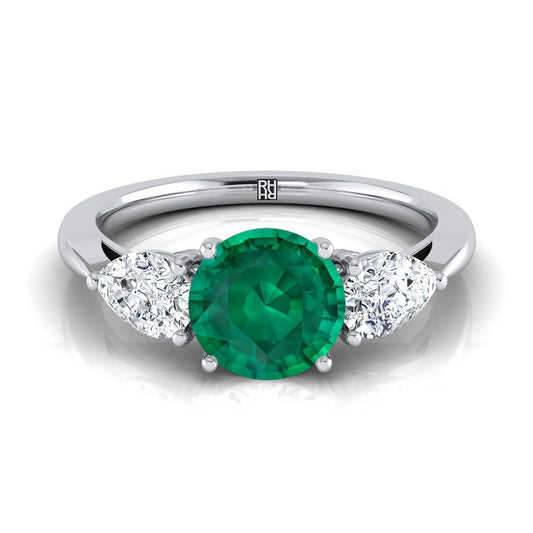 14K White Gold Round Brilliant Emerald Perfectly Matched Pear Shaped Three Diamond Engagement Ring -7/8ctw