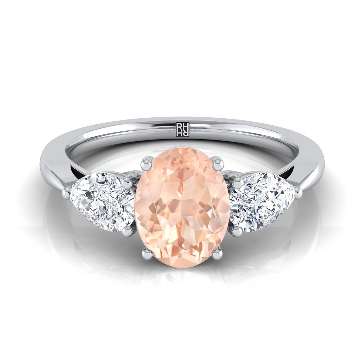 14K White Gold Oval Morganite Perfectly Matched Pear Shaped Three Diamond Engagement Ring -7/8ctw