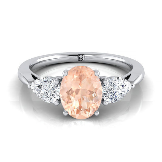 14K White Gold Oval Morganite Perfectly Matched Pear Shaped Three Diamond Engagement Ring -7/8ctw