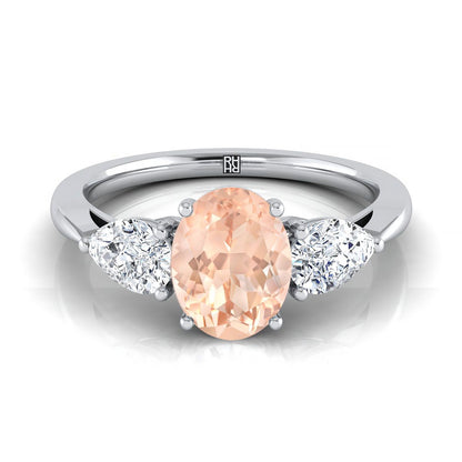 18K White Gold Oval Morganite Perfectly Matched Pear Shaped Three Diamond Engagement Ring -7/8ctw