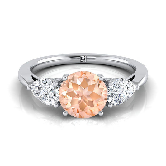18K White Gold Round Brilliant Morganite Perfectly Matched Pear Shaped Three Diamond Engagement Ring -7/8ctw