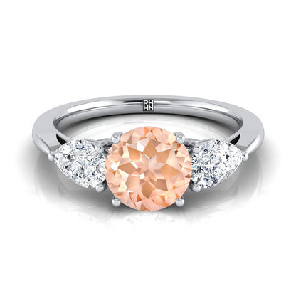 18K White Gold Round Brilliant Morganite Perfectly Matched Pear Shaped Three Diamond Engagement Ring -7/8ctw