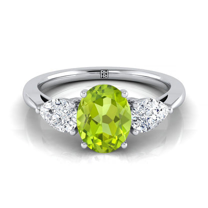 18K White Gold Oval Peridot Perfectly Matched Pear Shaped Three Diamond Engagement Ring -7/8ctw