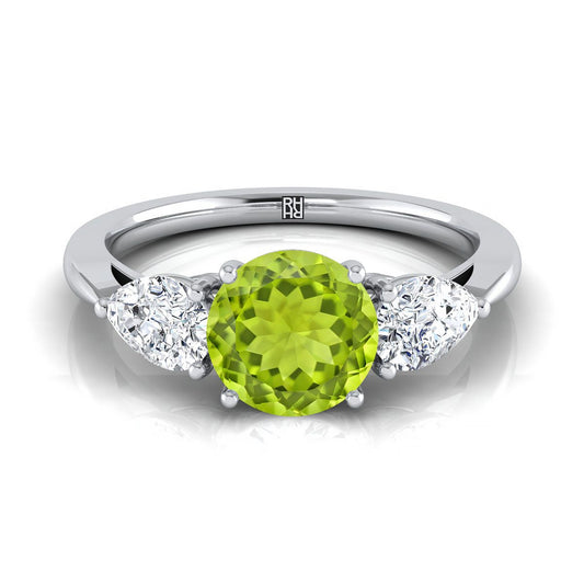 14K White Gold Round Brilliant Peridot Perfectly Matched Pear Shaped Three Diamond Engagement Ring -7/8ctw