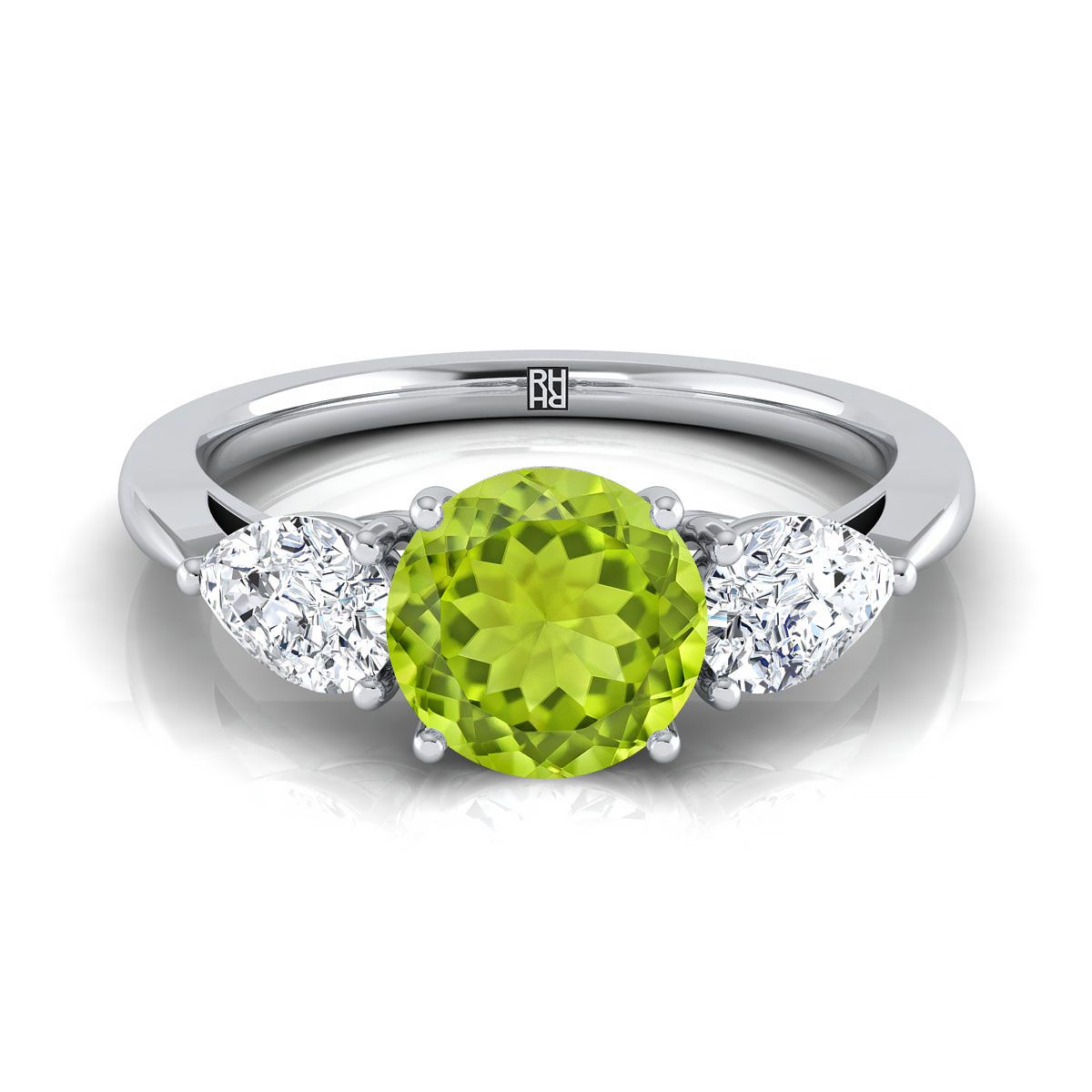 18K White Gold Round Brilliant Peridot Perfectly Matched Pear Shaped Three Diamond Engagement Ring -7/8ctw