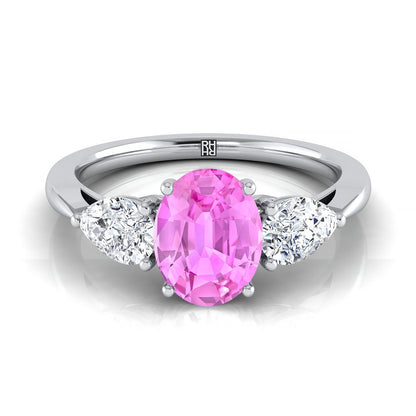 Platinum Oval Pink Sapphire Perfectly Matched Pear Shaped Three Diamond Engagement Ring -7/8ctw