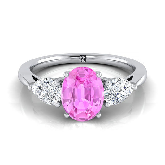 18K White Gold Oval Pink Sapphire Perfectly Matched Pear Shaped Three Diamond Engagement Ring -7/8ctw