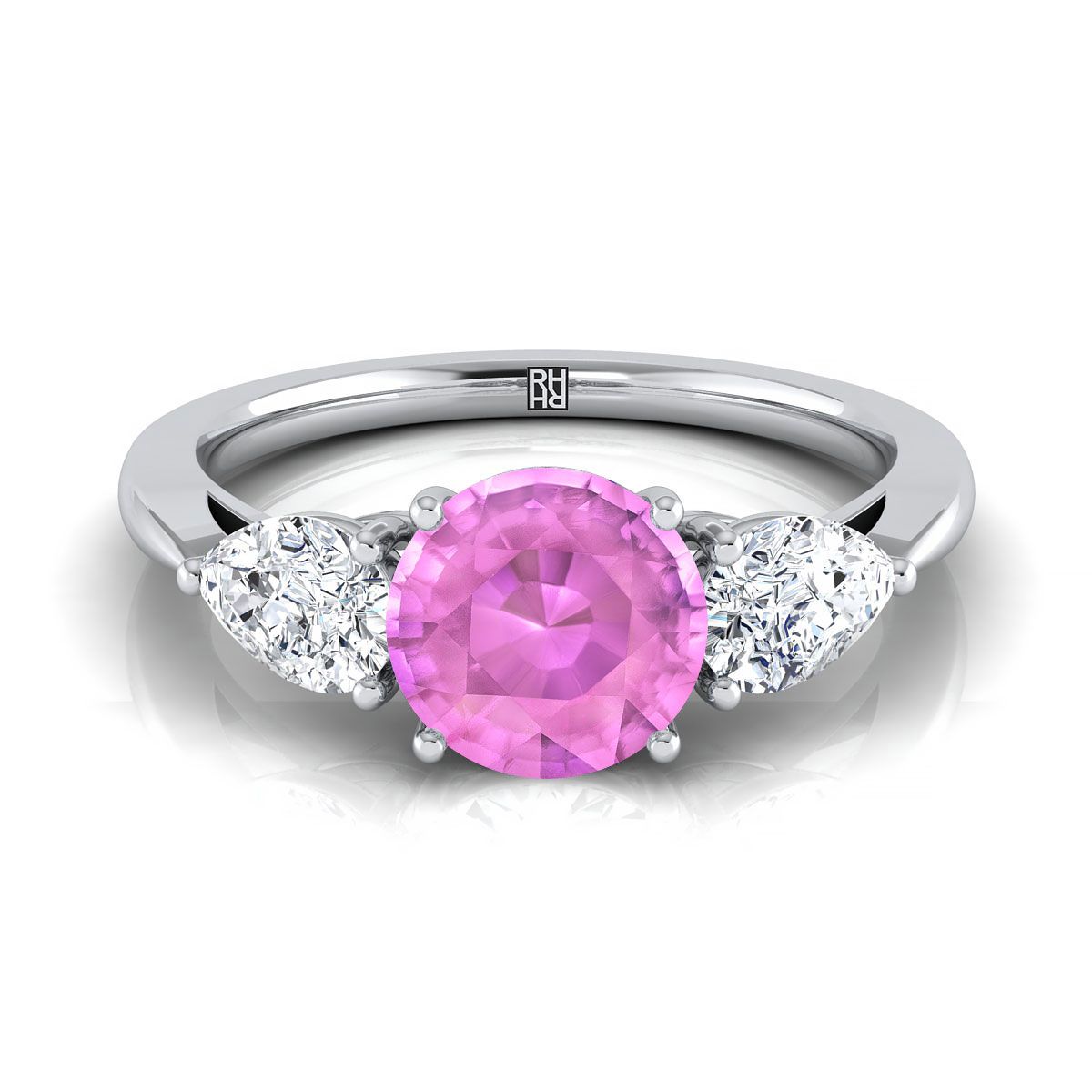 14K White Gold Round Brilliant Pink Sapphire Perfectly Matched Pear Shaped Three Diamond Engagement Ring -7/8ctw