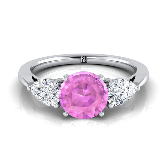 14K White Gold Round Brilliant Pink Sapphire Perfectly Matched Pear Shaped Three Diamond Engagement Ring -7/8ctw