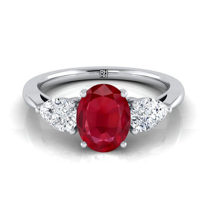 Platinum Oval Ruby Perfectly Matched Pear Shaped Three Diamond Engagement Ring -7/8ctw