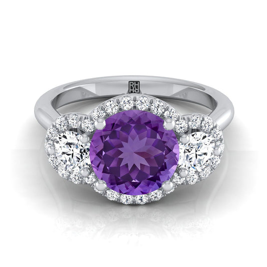 18K White Gold Round Brilliant Amethyst French Pave Diamond Three Stone Engagement Ring -1/2ctw