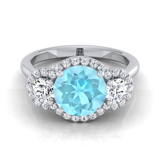 14K White Gold Round Brilliant Aquamarine French Pave Diamond Three Stone Engagement Ring -1/2ctw