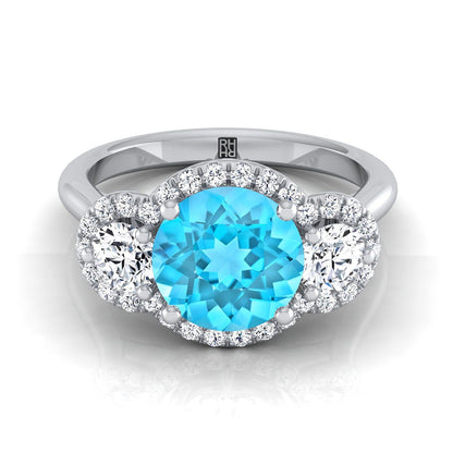 18K White Gold Round Brilliant Swiss Blue Topaz French Pave Diamond Three Stone Engagement Ring -1/2ctw