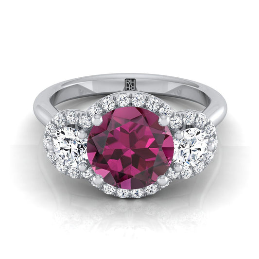 14K White Gold Round Brilliant Garnet French Pave Diamond Three Stone Engagement Ring -1/2ctw