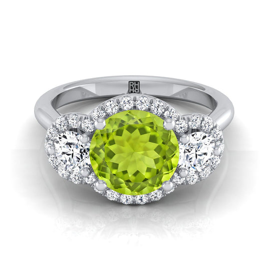 14K White Gold Round Brilliant Peridot French Pave Diamond Three Stone Engagement Ring -1/2ctw