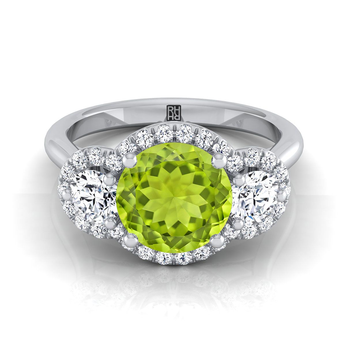 18K White Gold Round Brilliant Peridot French Pave Diamond Three Stone Engagement Ring -1/2ctw