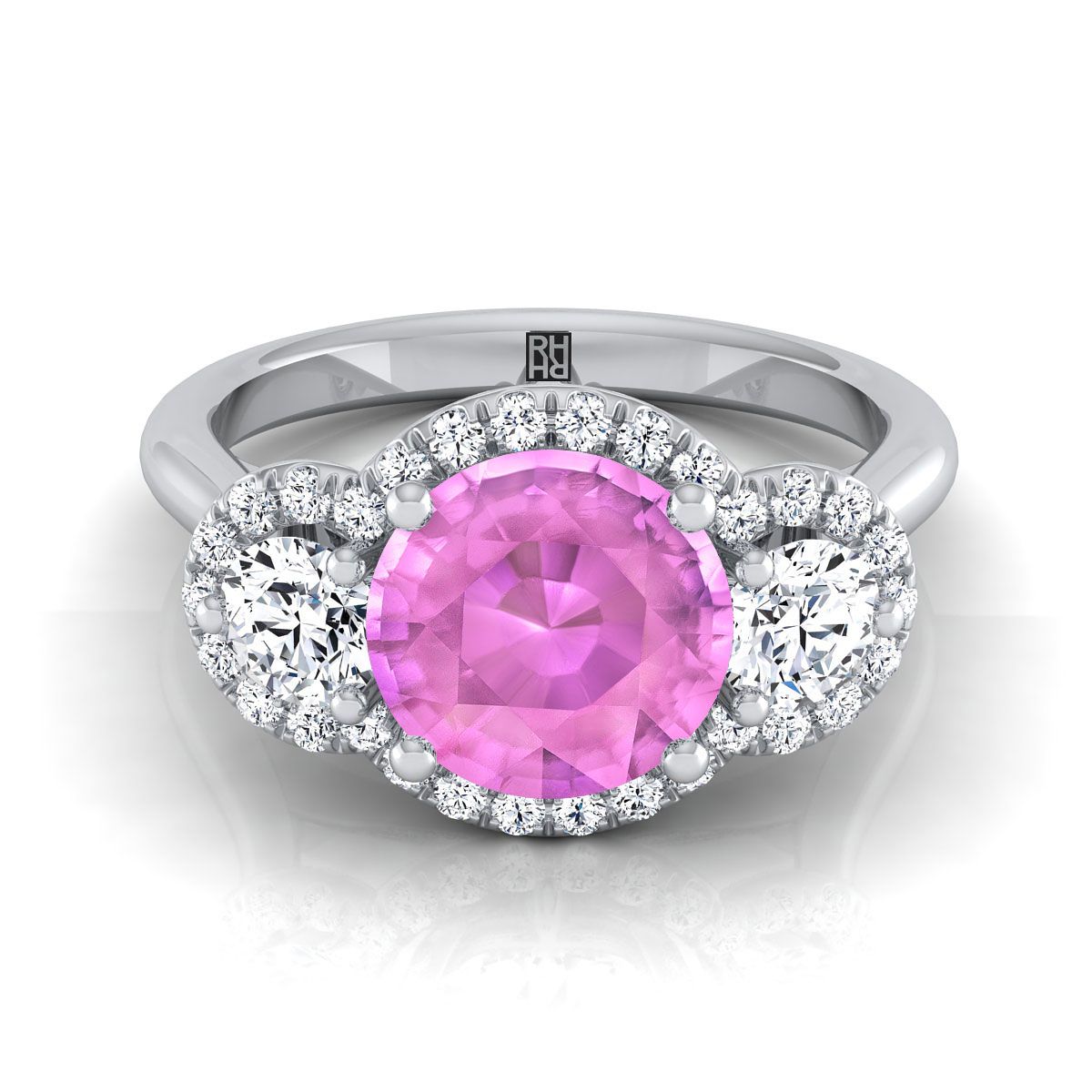 14K White Gold Round Brilliant Pink Sapphire French Pave Diamond Three Stone Engagement Ring -1/2ctw