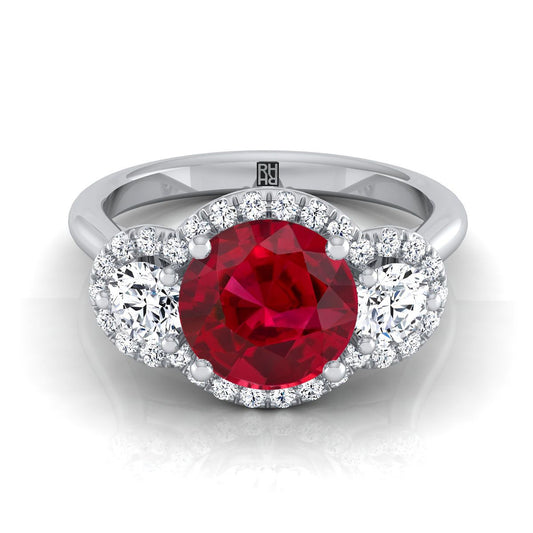 18K White Gold Round Brilliant Ruby French Pave Diamond Three Stone Engagement Ring -1/2ctw