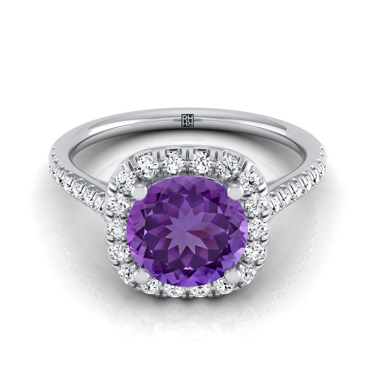 18K White Gold Round Brilliant Amethyst Simple Prong Set Halo Engagement Ring -1/3ctw