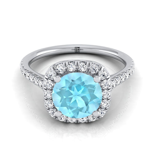 Platinum Round Brilliant Aquamarine Simple Prong Set Halo Engagement Ring -1/3ctw