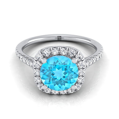Platinum Round Brilliant Swiss Blue Topaz Simple Prong Set Halo Engagement Ring -1/3ctw