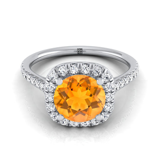 18K White Gold Round Brilliant Citrine Simple Prong Set Halo Engagement Ring -1/3ctw