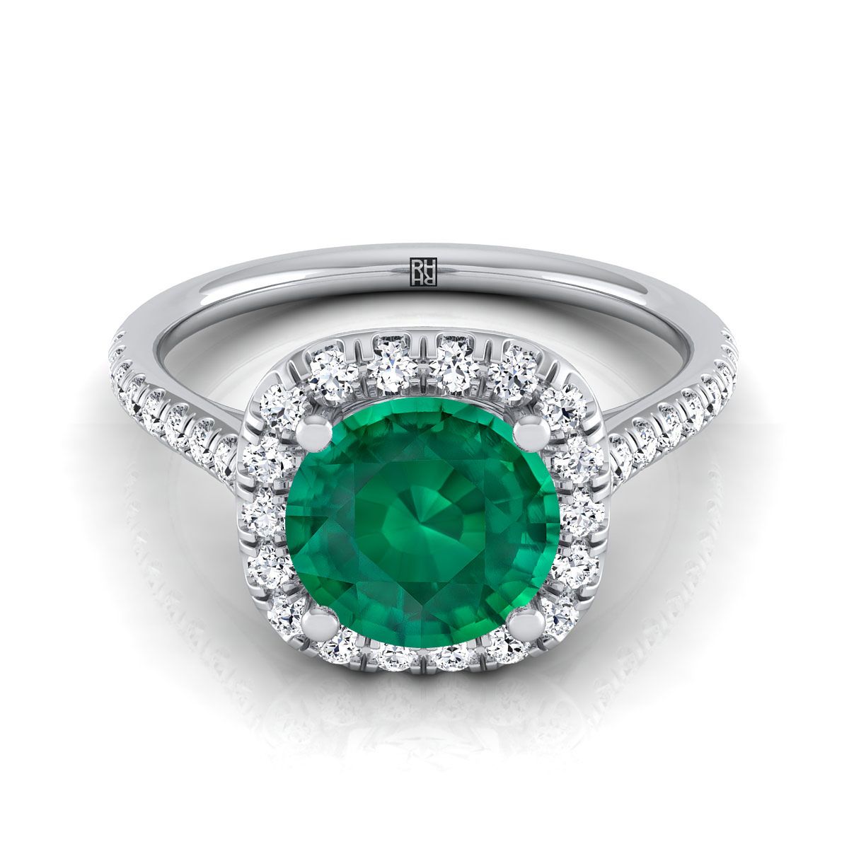 14K White Gold Round Brilliant Emerald Simple Prong Set Halo Engagement Ring -1/3ctw