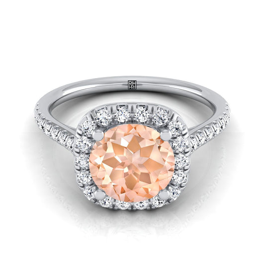 18K White Gold Round Brilliant Morganite Simple Prong Set Halo Engagement Ring -1/3ctw