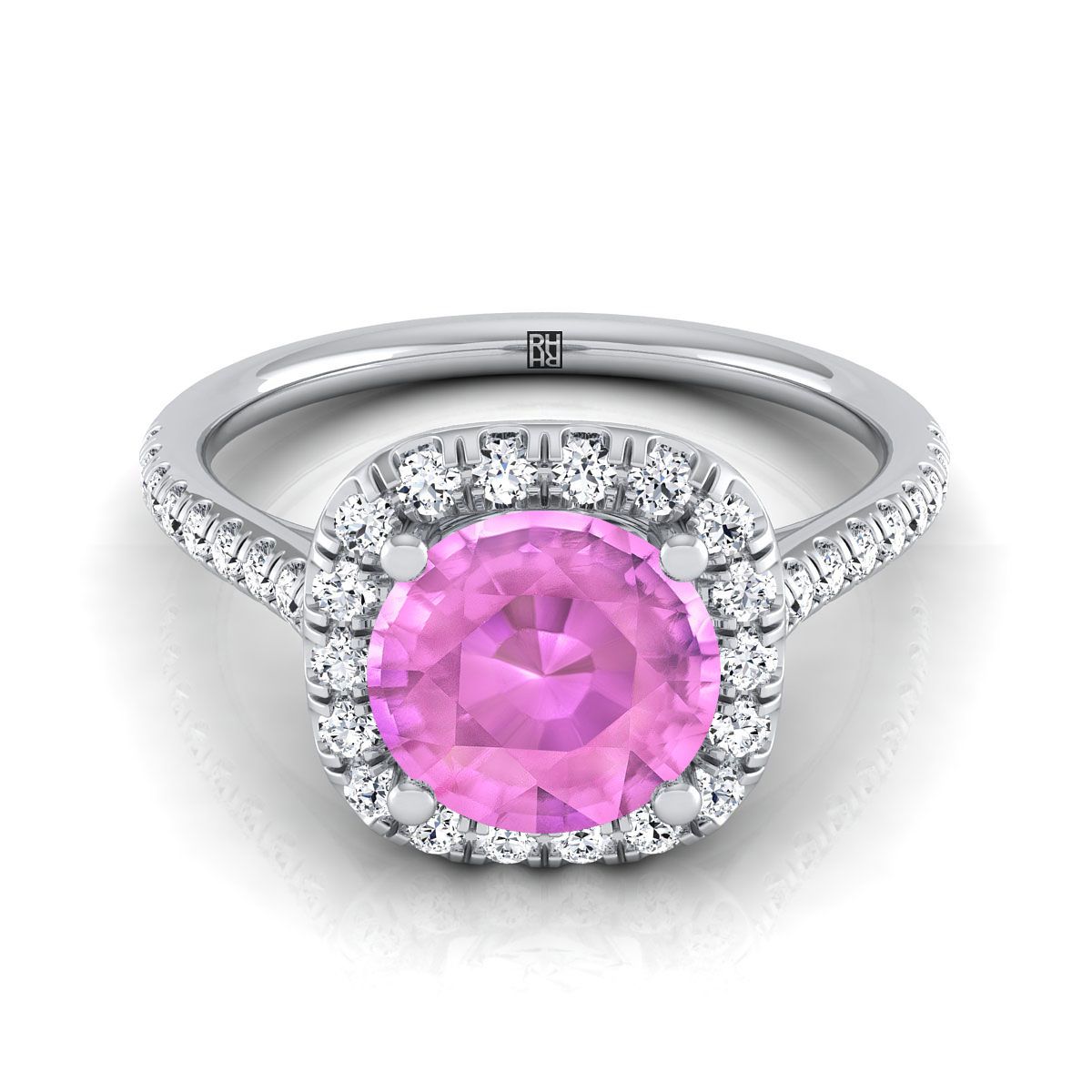14K White Gold Round Brilliant Pink Sapphire Simple Prong Set Halo Engagement Ring -1/3ctw