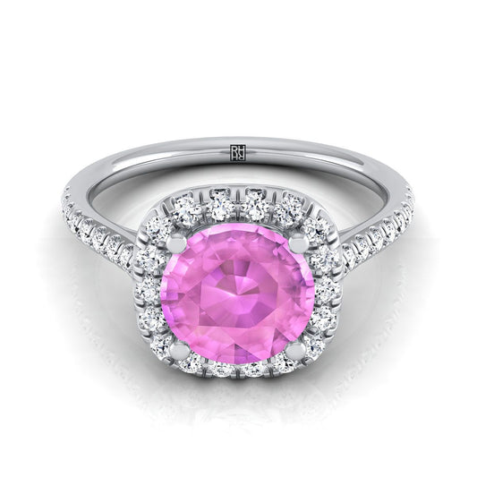 18K White Gold Round Brilliant Pink Sapphire Simple Prong Set Halo Engagement Ring -1/3ctw