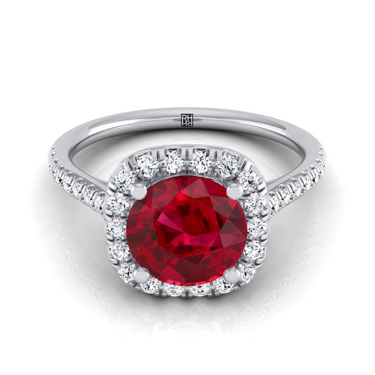 18K White Gold Round Brilliant Ruby Simple Prong Set Halo Engagement Ring -1/3ctw