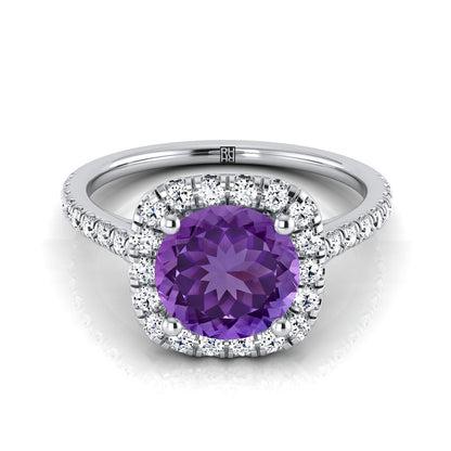 Platinum Round Brilliant Amethyst Halo Diamond Pave Engagement Ring -1/3ctw