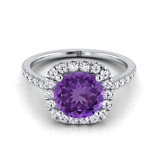 14K White Gold Round Brilliant Amethyst Halo Diamond Pave Engagement Ring -1/3ctw