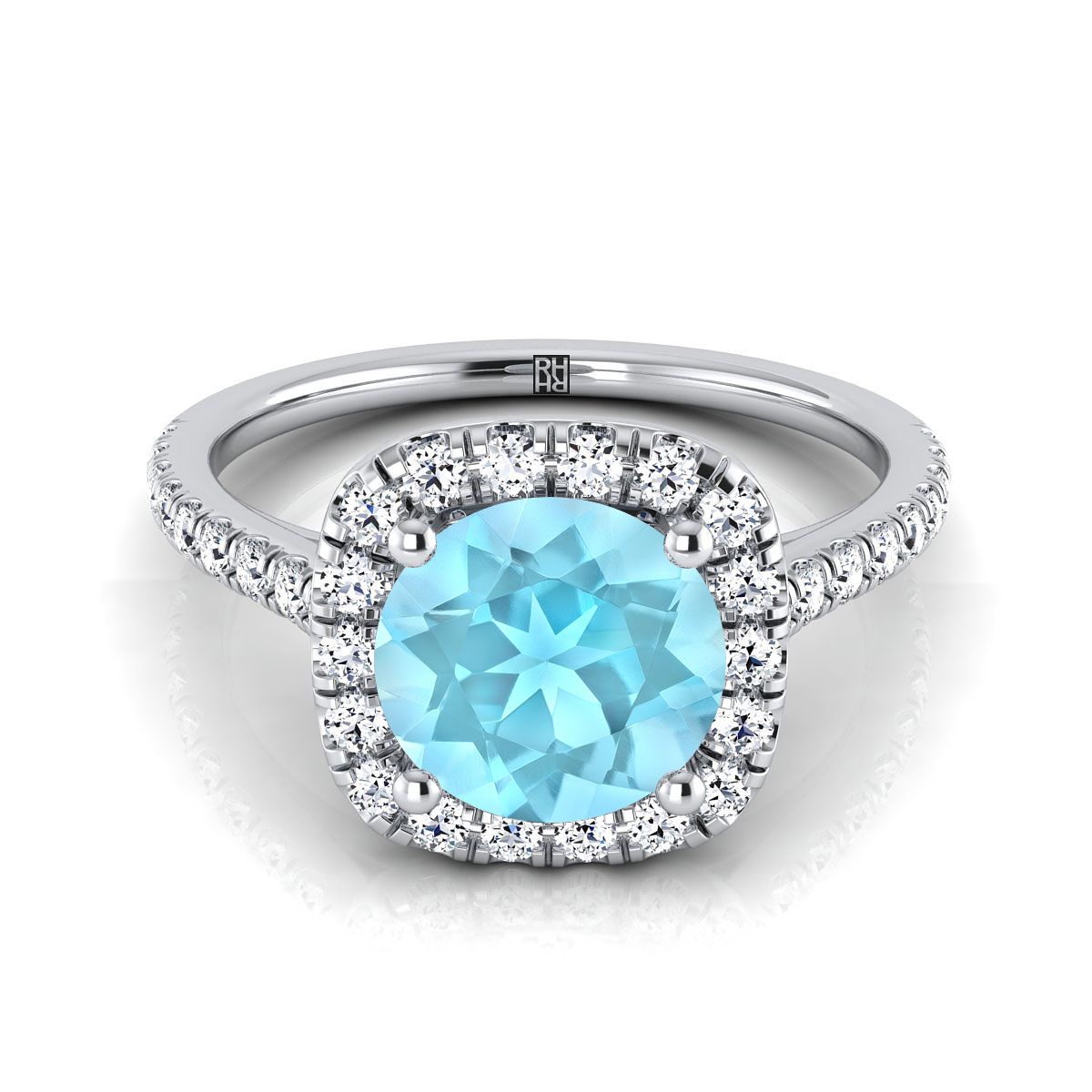 14K White Gold Round Brilliant Aquamarine Halo Diamond Pave Engagement Ring -1/3ctw