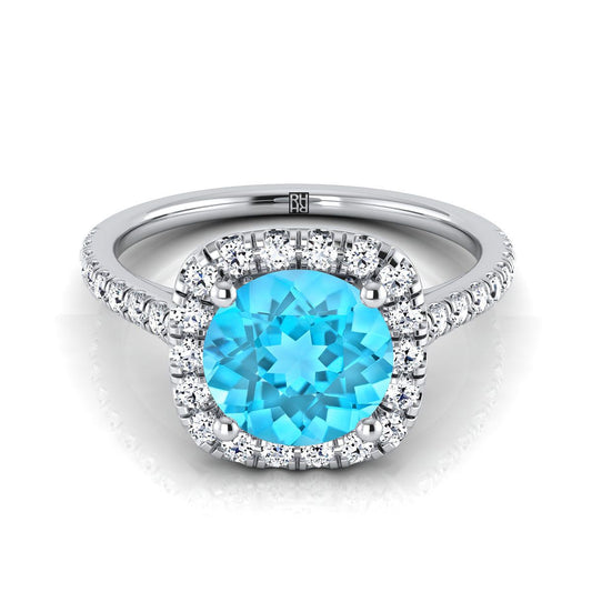 18K White Gold Round Brilliant Swiss Blue Topaz Halo Diamond Pave Engagement Ring -1/3ctw