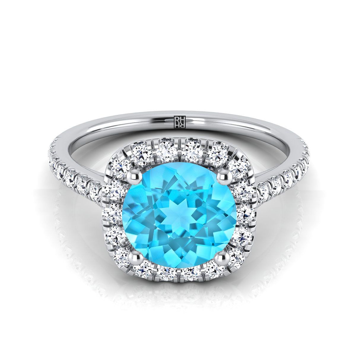 14K White Gold Round Brilliant Swiss Blue Topaz Halo Diamond Pave Engagement Ring -1/3ctw