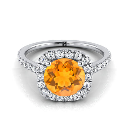 14K White Gold Round Brilliant Citrine Halo Diamond Pave Engagement Ring -1/3ctw