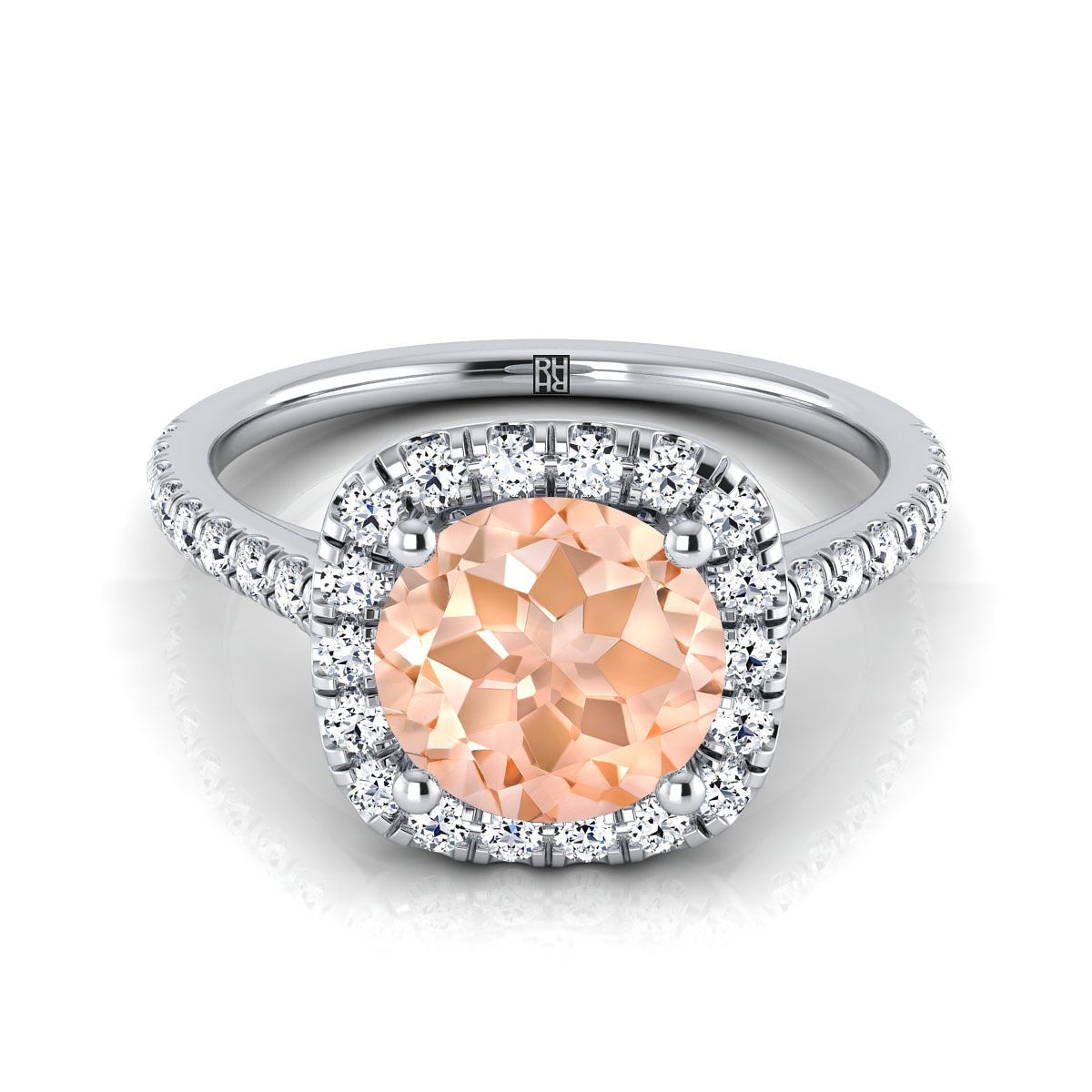18K White Gold Round Brilliant Morganite Halo Diamond Pave Engagement Ring -1/3ctw
