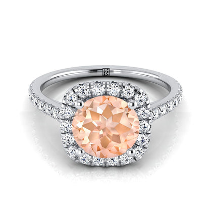 18K White Gold Round Brilliant Morganite Halo Diamond Pave Engagement Ring -1/3ctw