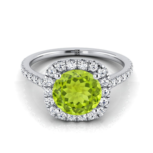 14K White Gold Round Brilliant Peridot Halo Diamond Pave Engagement Ring -1/3ctw