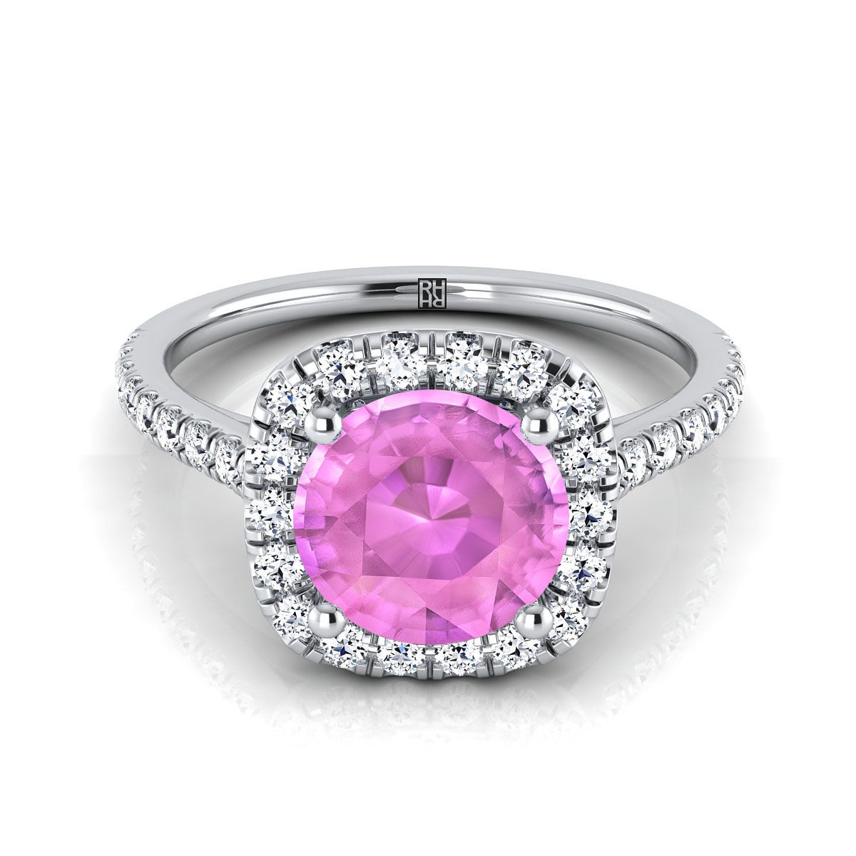14K White Gold Round Brilliant Pink Sapphire Halo Diamond Pave Engagement Ring -1/3ctw