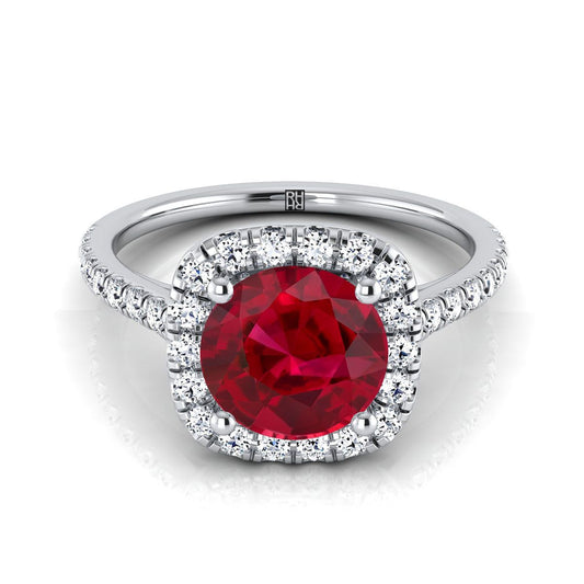 18K White Gold Round Brilliant Ruby Halo Diamond Pave Engagement Ring -1/3ctw
